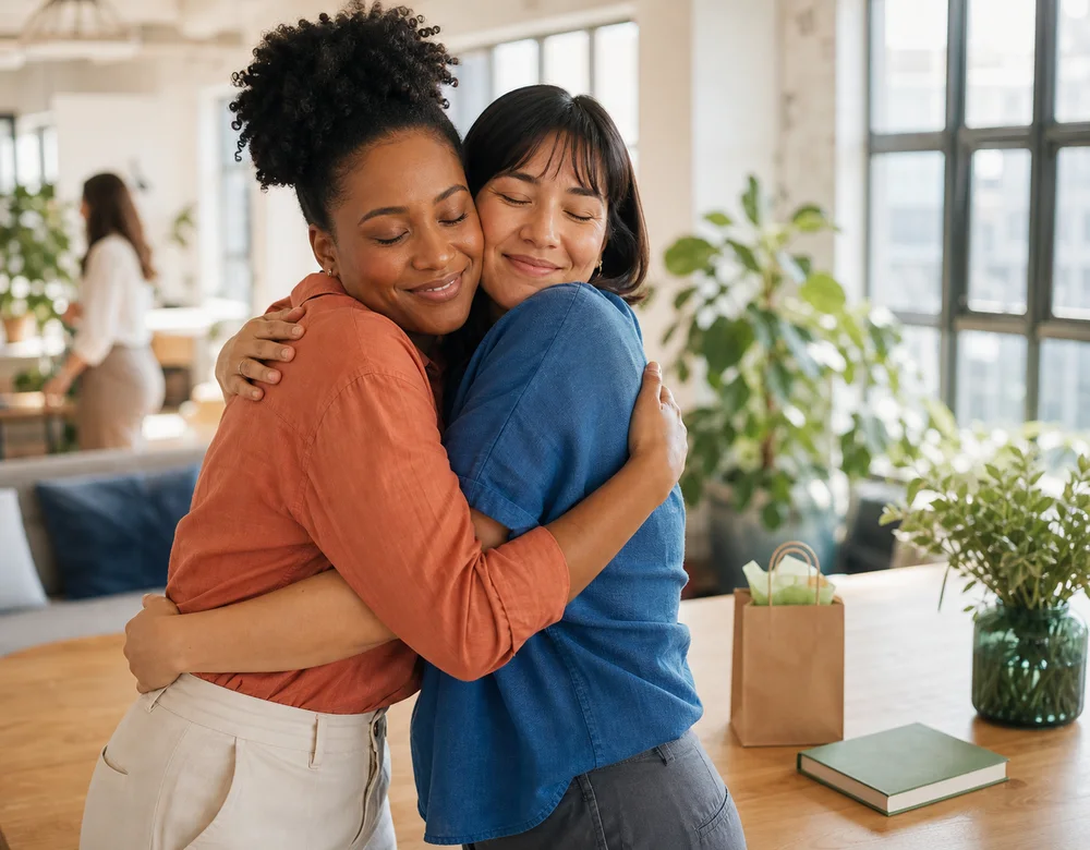 Coworkers saying farewell with a hug